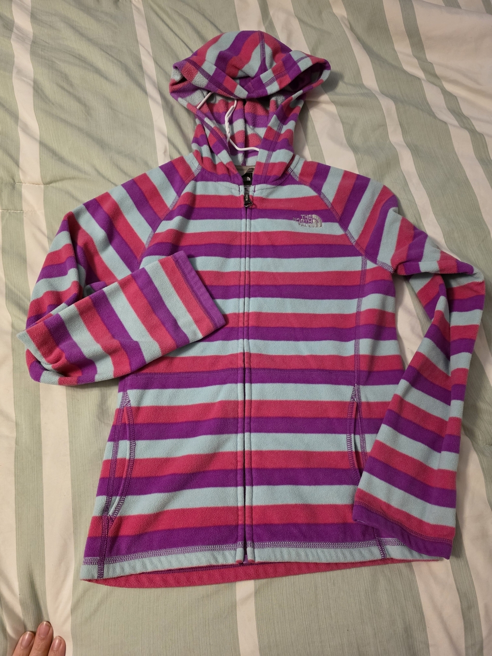 The North Face Girls' Striped Hooded Fleece Jacket - Pink & Light Blue